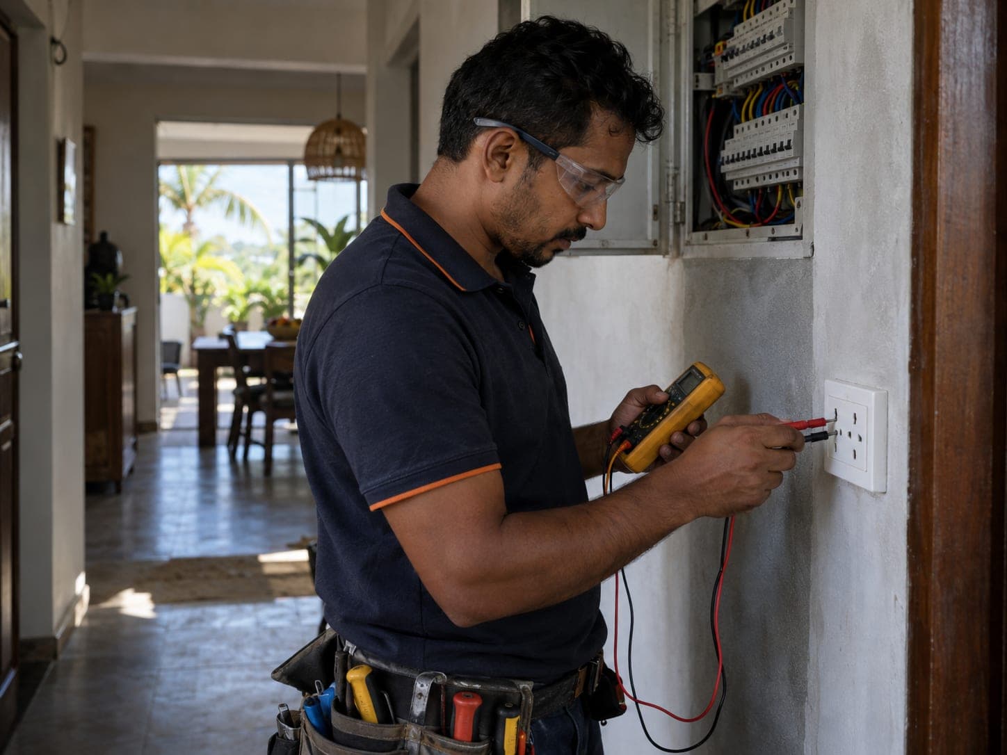 An electrician testing a wall socket with a multimeter