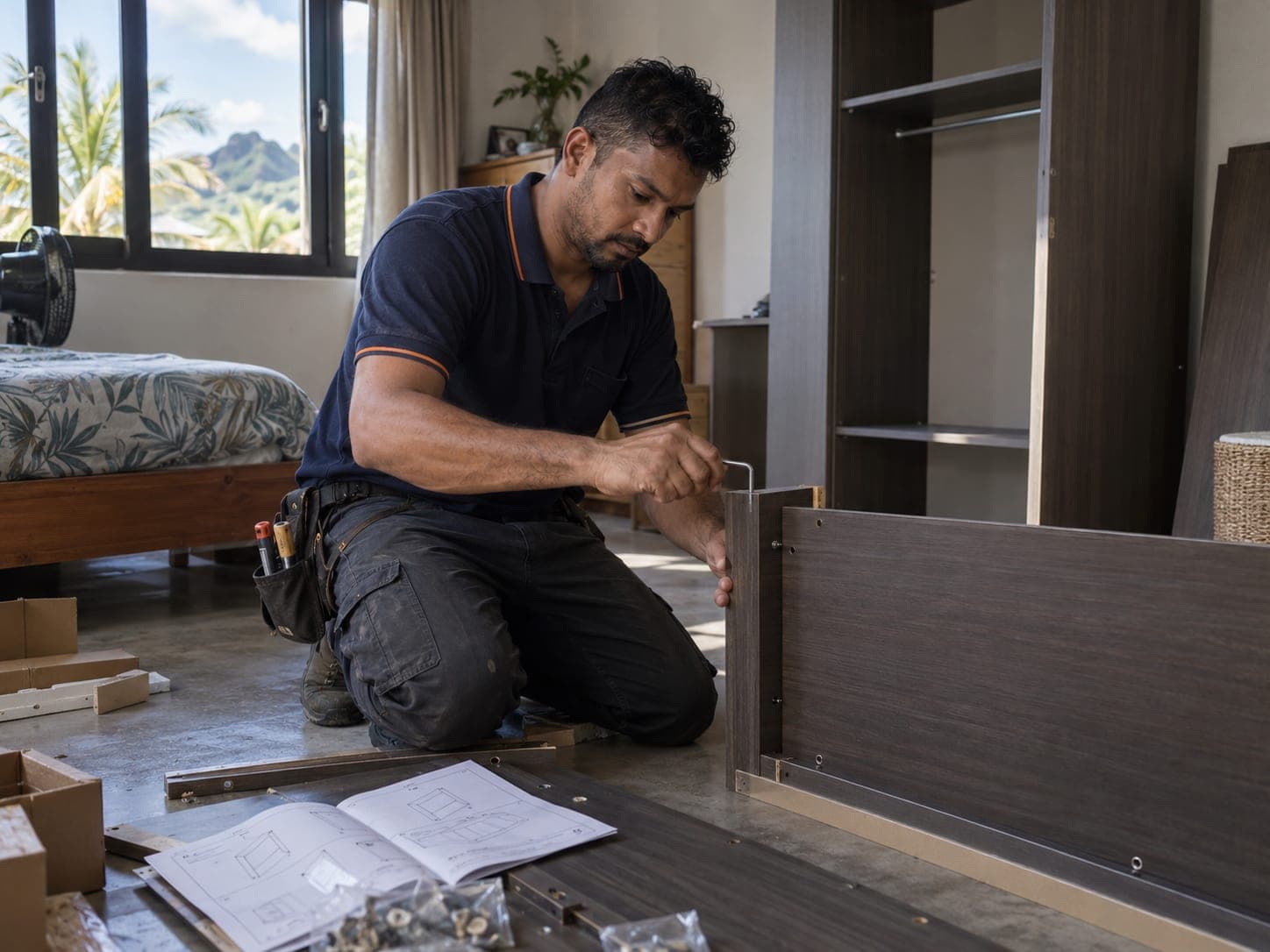 A technician assembling a flat-pack wardrobe with an Allen key