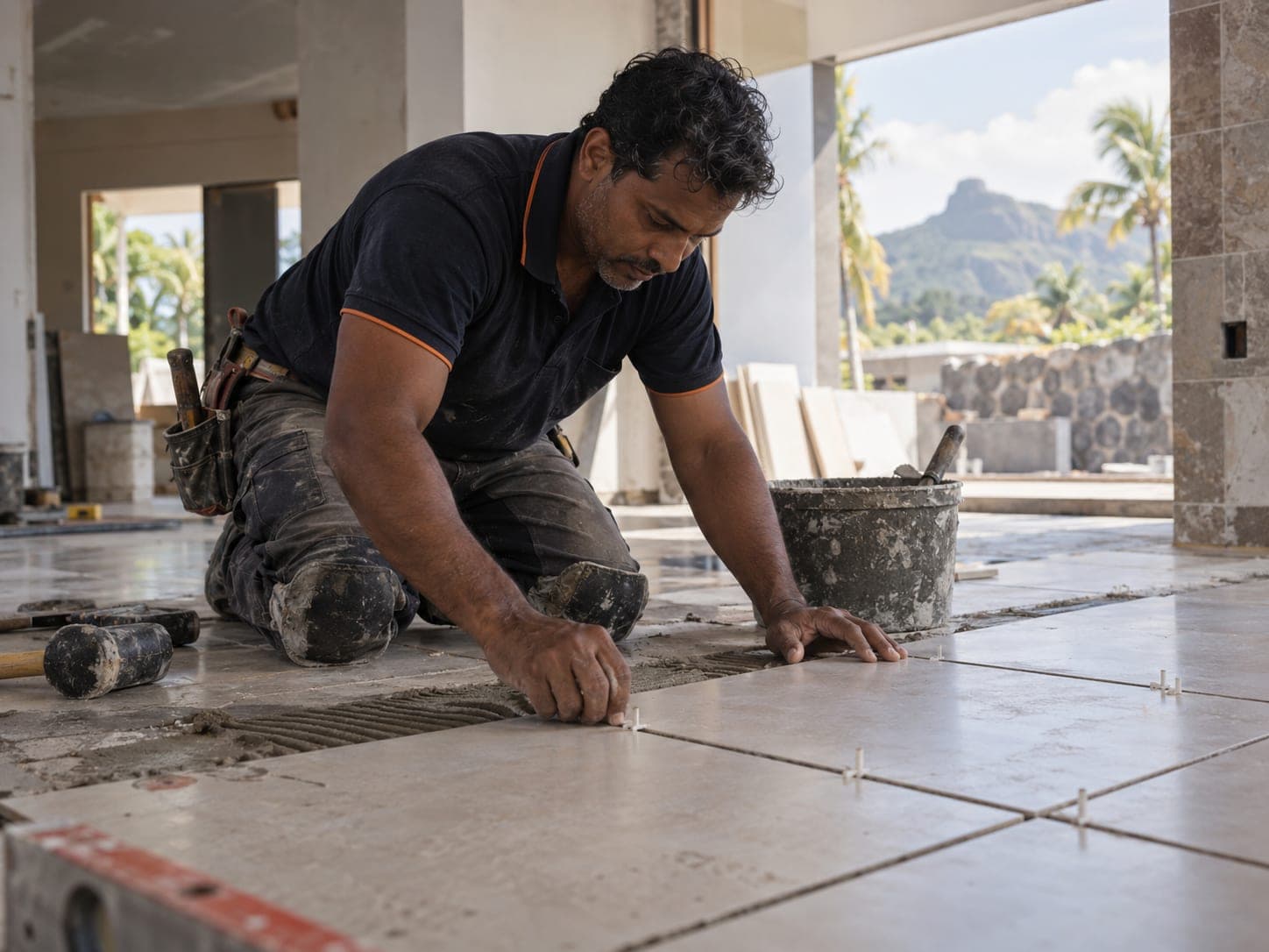 A technician laying floor tiles with spacers