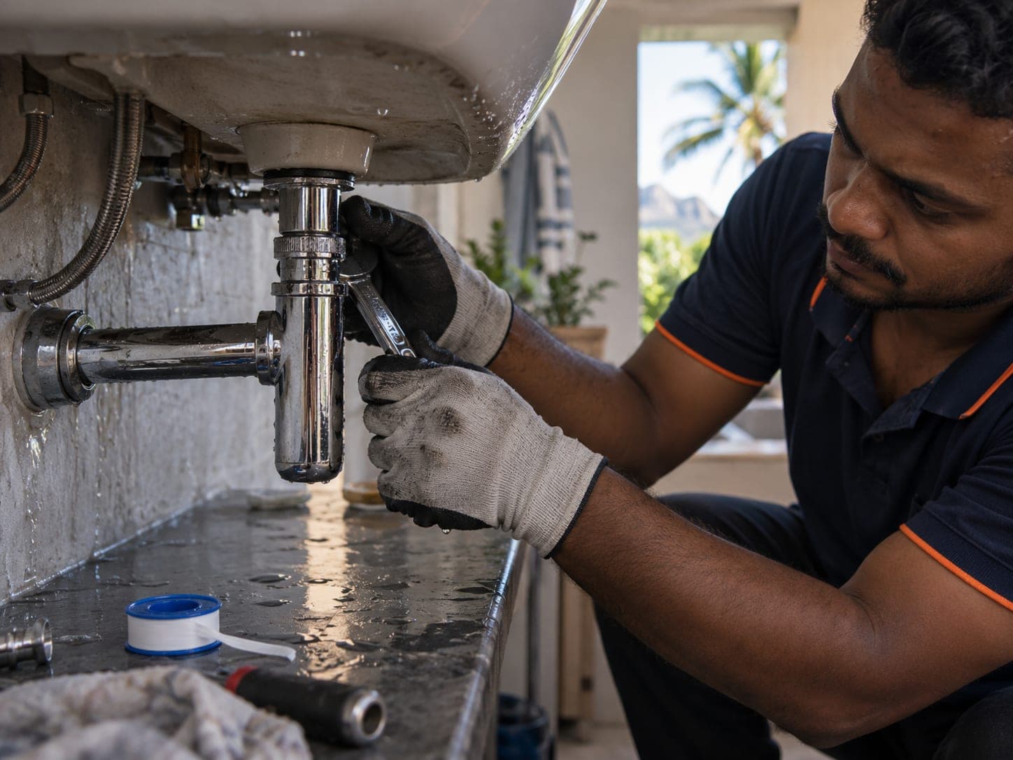 Gloved hands tightening a chrome trap under a basin