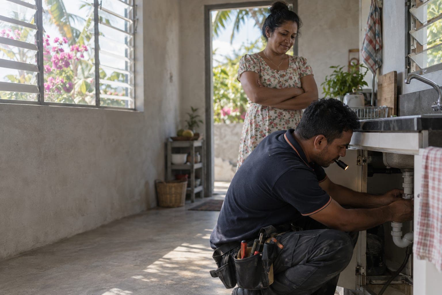 A Dr. Depannage plumber working under a kitchen sink while the homeowner looks on