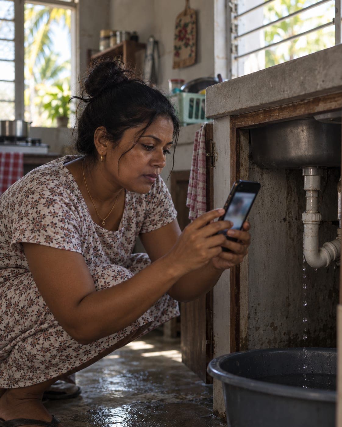 A woman photographing a leaking pipe under her sink with her phone