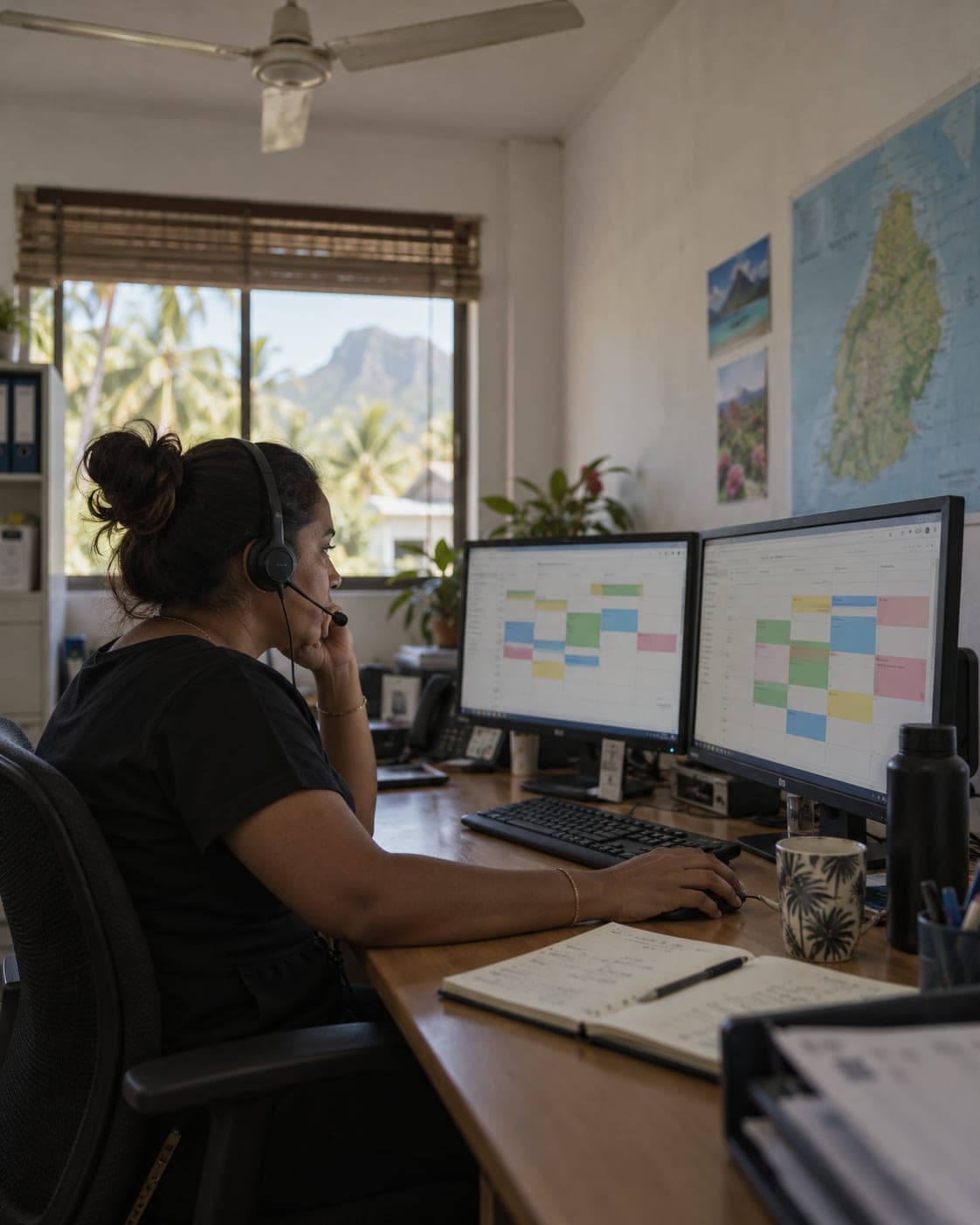 A dispatcher with a headset looking at the day’s schedule on two screens