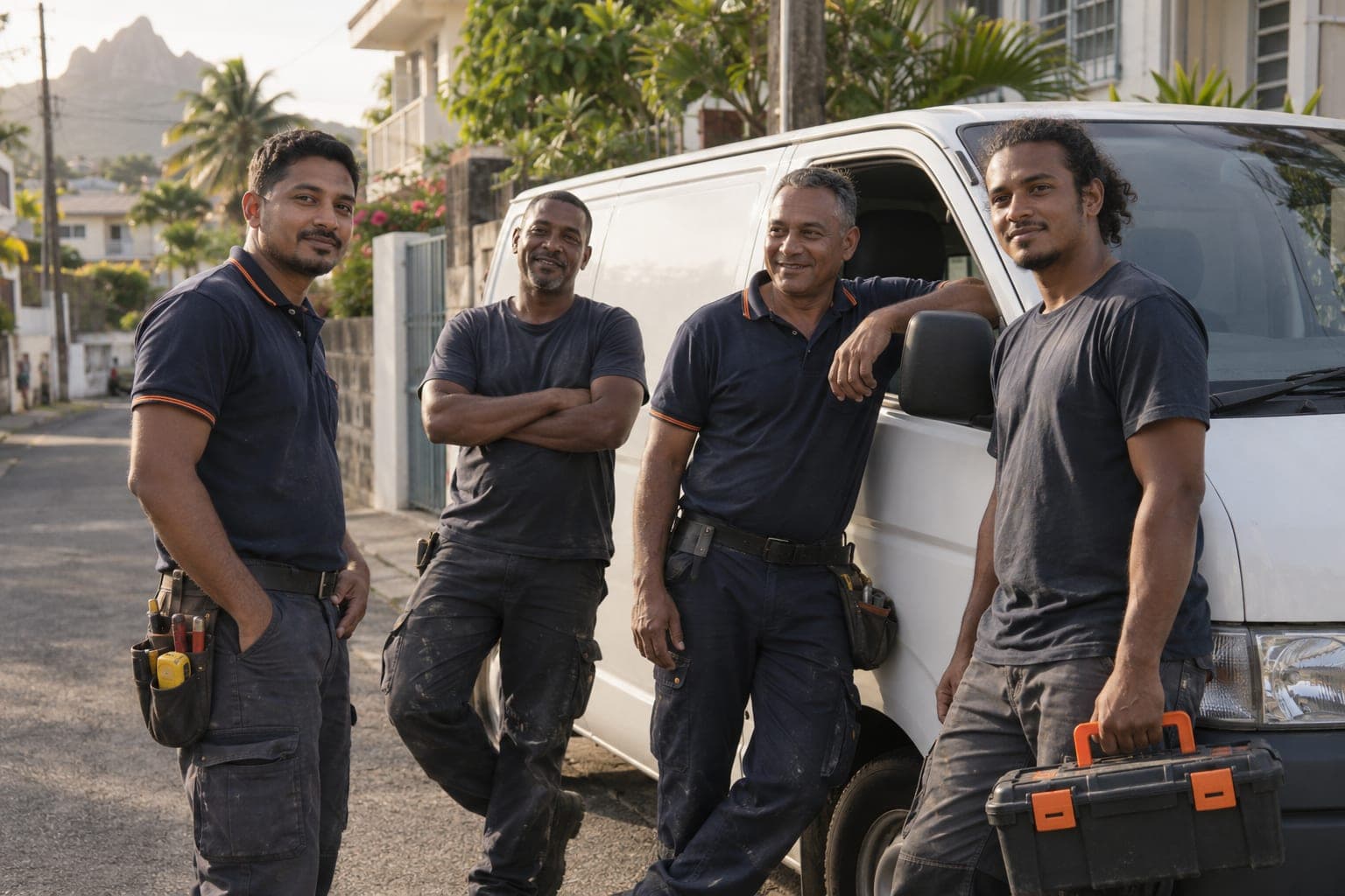 Four Dr. Depannage technicians beside their van in a residential street